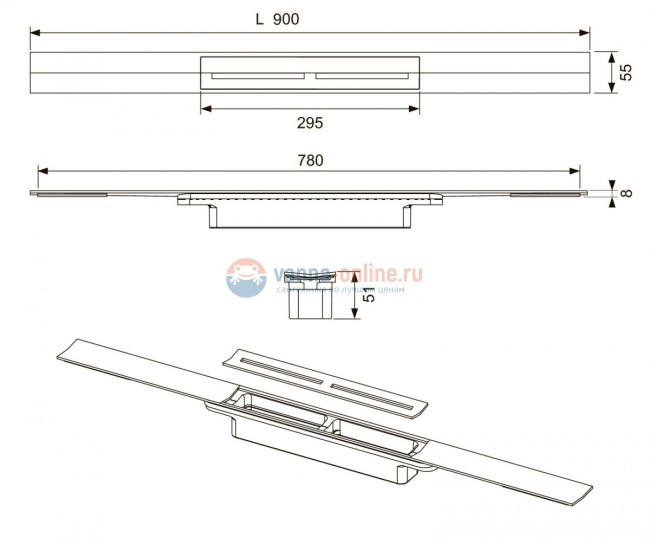 Профиль для душа TECE Drainprofile 670900 90 см, нержавеющая сталь сатин