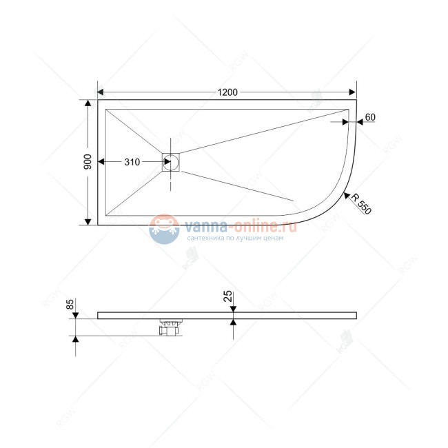 Душевой поддон RGW ST/A L/R – 0129G 16154129-02L/R 90 x 120 см, асимметричный, цвет серый, из искусственного камня