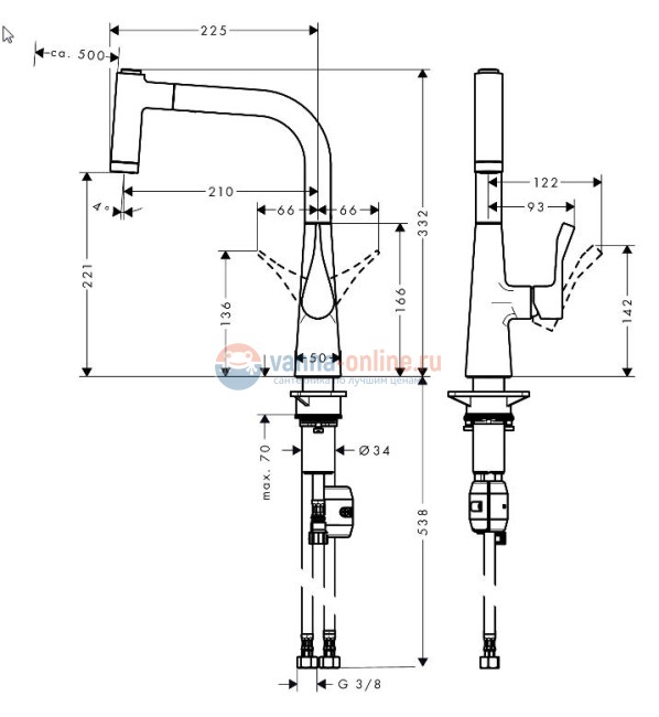 Смеситель для кухни Hansgrohe Metris 14834000 с выдвижным изливом 220, хром Смеситель для кухни Hansgrohe Metris 14834000 с выдвижным изливом 220, хром