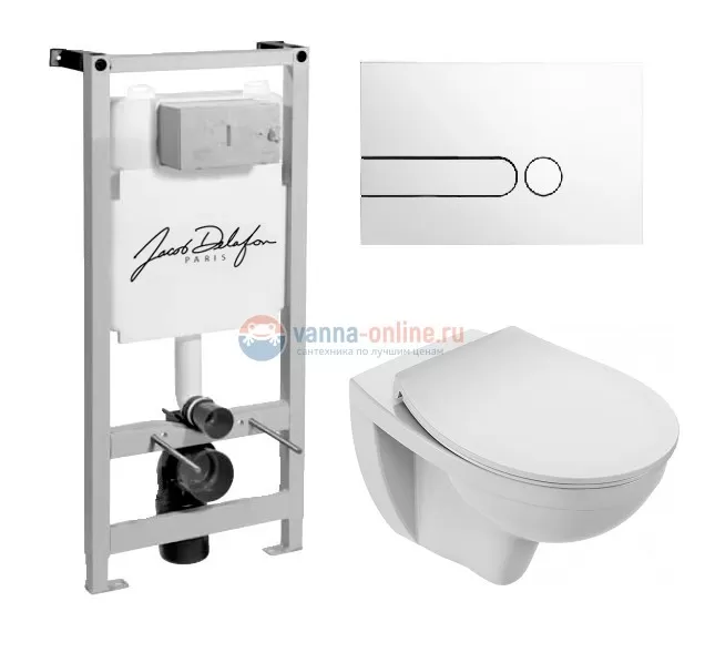 Инсталляция Jacob Delafon с безободковым унитазом Jacob Delafon Patio EDV102-00, сиденье микролифт клавиша белая, комплект 302492