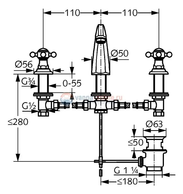 Смеситель Kludi Adlon 5104305G5 для раковины DN 15, на 3 отверстия, высокий излив, ручки хрусталь, цвет хром Смеситель Kludi Adlon 5104305G5 для раковины DN 15, на 3 отверстия, высокий излив, ручки хрусталь, цвет хром
