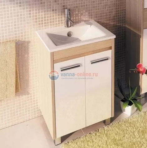 Тумба Comforty Тулуза 60Д белый глянец/сосна лоредо с раковиной Quadro 60
