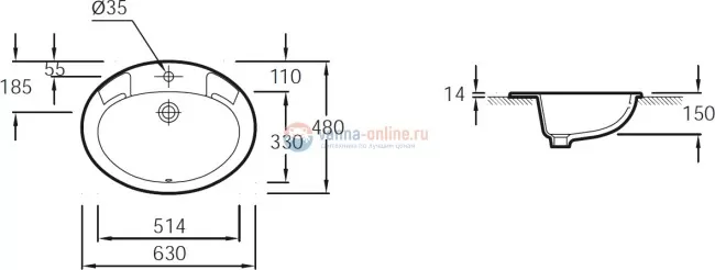 Раковина Jacob Delafon Ovale E1273-00, врезная сверху, 63*48 см Раковина Jacob Delafon Ovale E1273-00, врезная сверху, 63*48 см