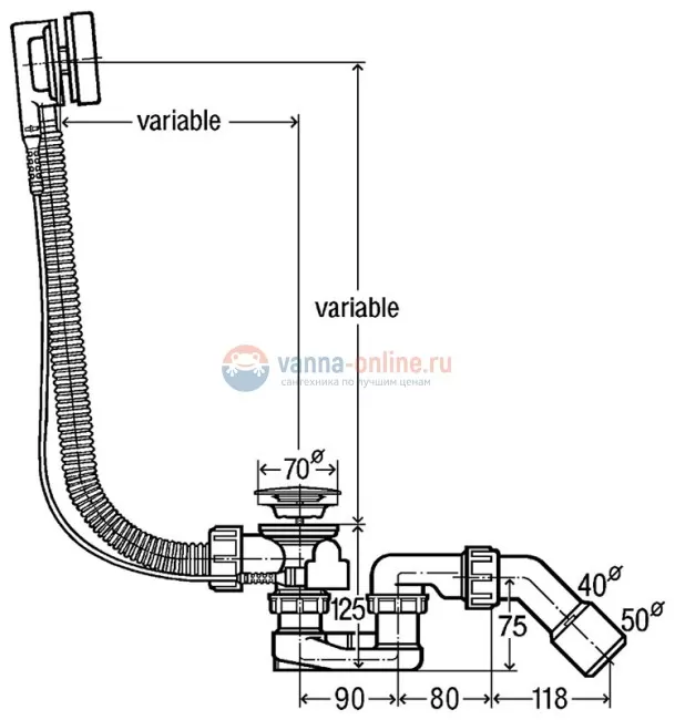 Слив-перелив Viega Simplex 285357 пластик полуавтомат для ванны, мод. 6168.45, стандартный