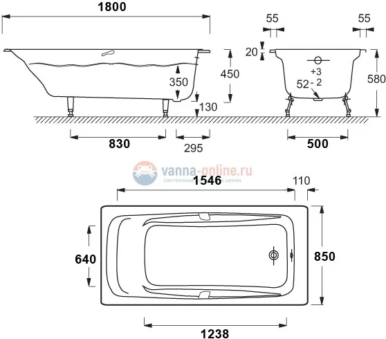 Чугунная ванна Jacob Delafon Repos E2904-S-00 180x85, без отверстий для ручек и антискользящего покрытия