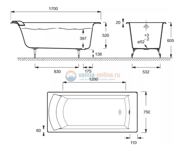 Чугунная ванна Jacob Delafon Biove E2930-S-00 170x75, без противоскользящего покрытия