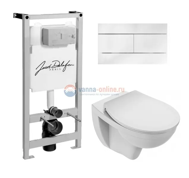 Инсталляция Jacob Delafon с безободковым унитазом Jacob Delafon Patio EDV102-00, сиденье микролифт клавиша белая, комплект