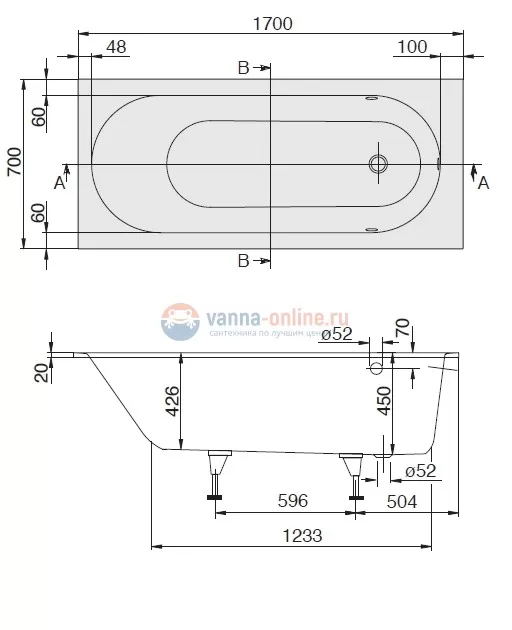 Квариловая ванна Villeroy&Boch Oberon 170x70 UBQ177OBE2V-01, alpin без отверстия и перелива