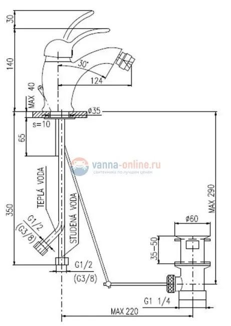 Смеситель для биде Rav-Slezak Labe L545.5K, с донным клапаном, хром/белый