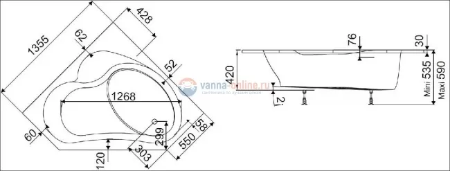 Ванна акриловая Jacob Delafon Bain Douche E6219-00, правая 135 x 135 см