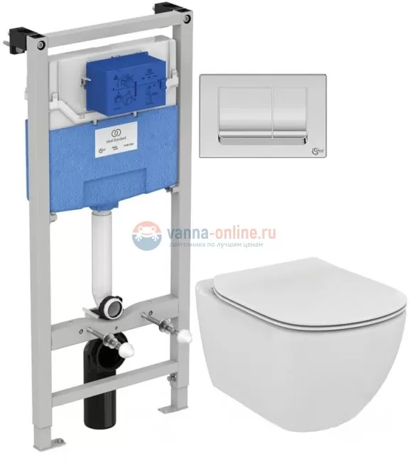 Инсталляция с унитазом Ideal Standard Tesi T387201, сиденье микролифт, клавиша хром, комплект