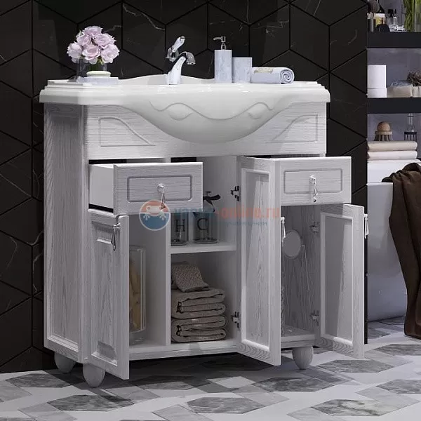 Тумба с объемной филенкой под раковину OPADIRIS Тибет 85 00-00003121, ясень / белое серебро Тумба с объемной филенкой под раковину OPADIRIS Тибет 85 00-00003121, ясень / белое серебро