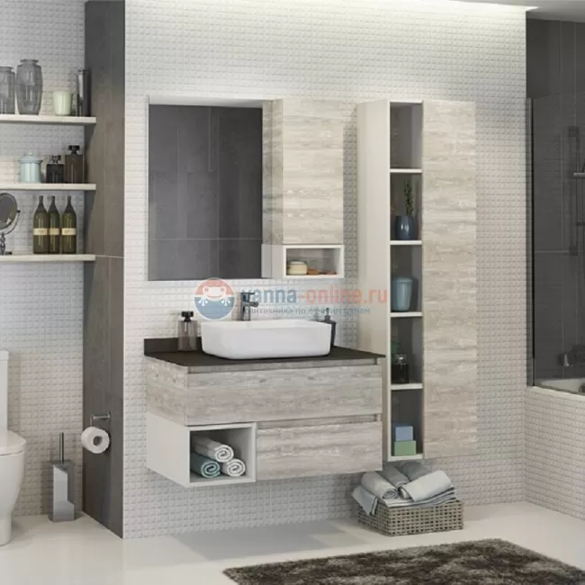 Тумба Comfortу Прага-90 дуб белый с серой столешницей, с раковиной 78189