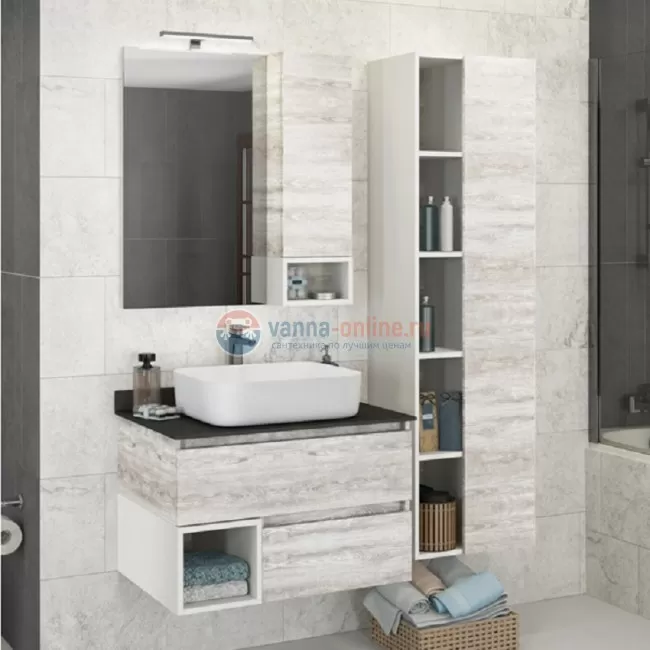Тумба Comfortу Прага-75 дуб белый с серой столешницей, с раковиной 78189
