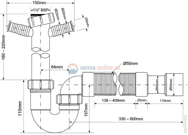 Сифон McAlpine MRSK10-NW, P/S-образный (1 1/2) 2 адаптера для бытовой техники Сифон McAlpine MRSK10-NW, P/S-образный (1 1/2) 2 адаптера для бытовой техники