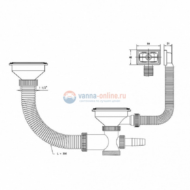 Выпуск Iddis 021ups0i84 для кухонной мойки 2-х чашевой, хром