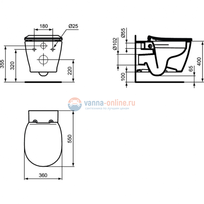 Пневматический промо-набор 4 в 1 Ideal Standard с унитазом E822301 CONNECT Rimless, с сиденьем и крышкой E772401, с инсталляцией PROSYS 120 P и пневматической панелью смыва OLEAS™ P1