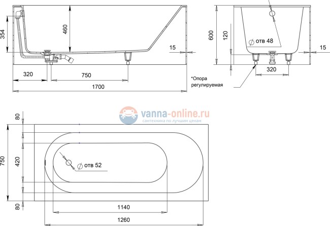 Ванна Salini Fabia 170 х 75 x 60 см, из материала Sapirit, белая глянцевая 102611M