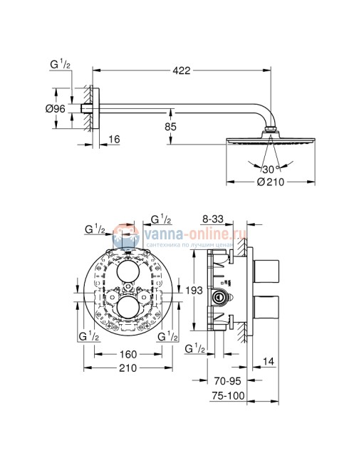 Душевая система Grohe Grohtherm 3000 Cosmopolitan 26262000, с термостатом и верхним душем, хром