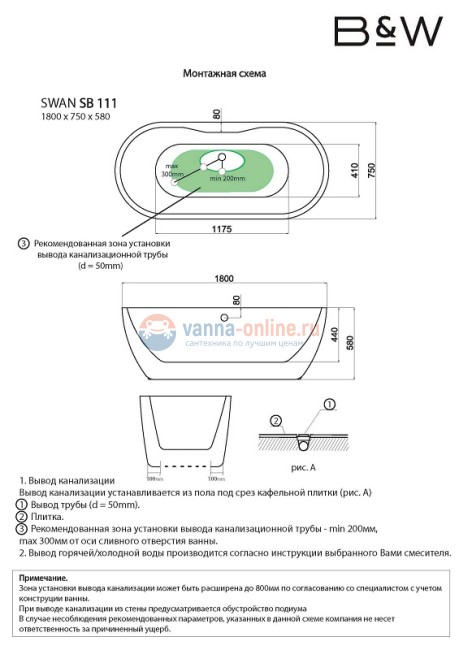 Ванна акриловая Black&White Swan SB111-Black, 180 х 75 см, черная