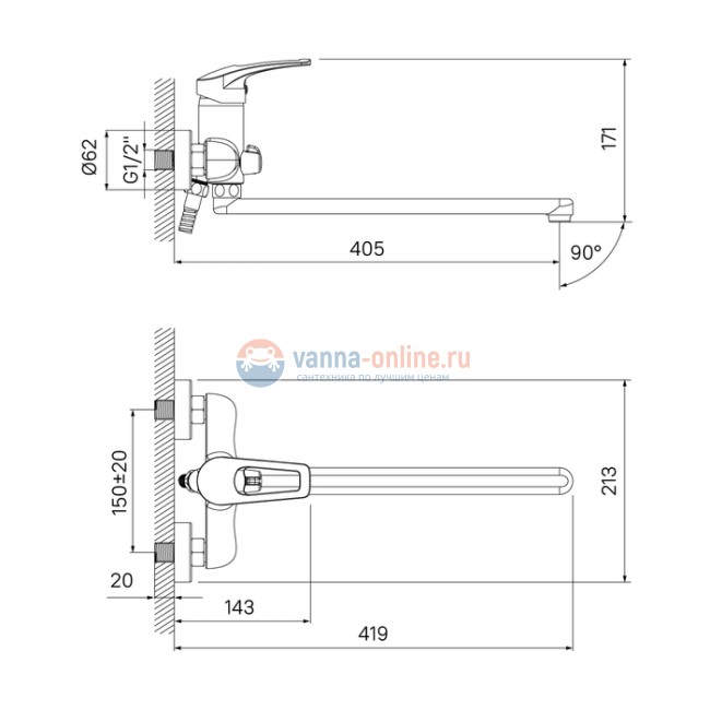 Смеситель Iddis Carlow Plus CRPSBL2i10WA с длинным изливом, для ванны и душа, хром