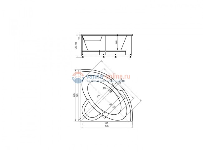 Ванна акриловая Aquatek Поларис-1 140 x 140 см с фронтальным экраном, вклеенный каркас, белая, POL1-0000030