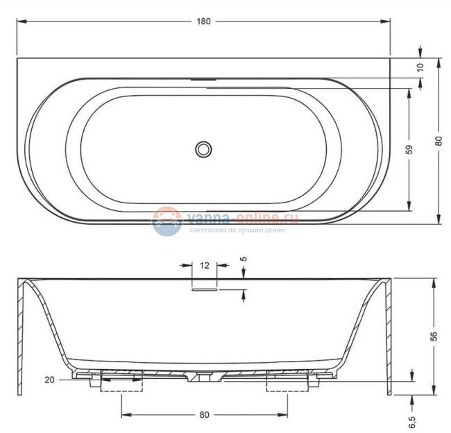 Ванна Riho Valor back-2-wall BS7200500000000, 180x80 см, из искусственного мрамора Ванна Riho Valor back-2-wall BS7200500000000, 180x80 см, из искусственного мрамора