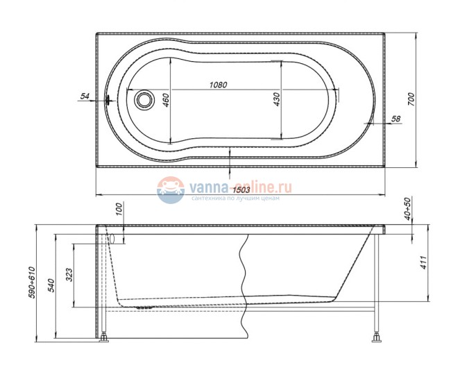 Ванна акриловая Aquanet Light 150 x 70 см 243869, с каркасом, белая