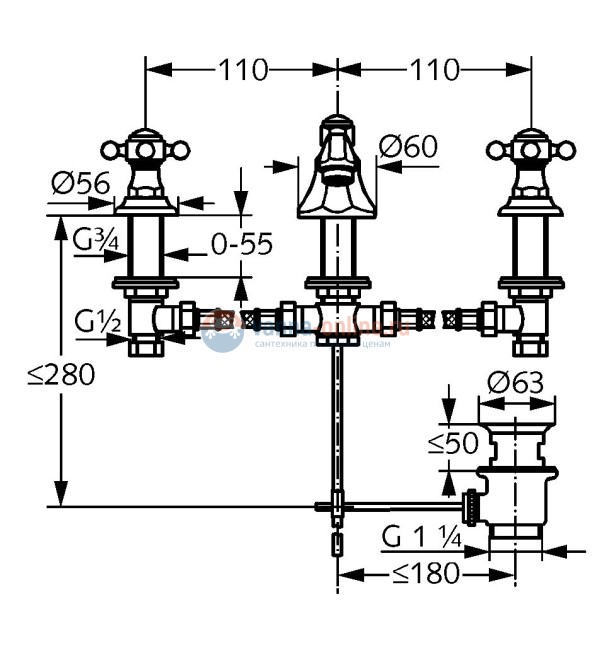 Смеситель Kludi Adlon 5104605G5 для раковины DN 15, на 3 отверстия, низкий излив, ручки хрусталь, цвет хром Смеситель Kludi Adlon 5104605G5 для раковины DN 15, на 3 отверстия, низкий излив, ручки хрусталь, цвет хром