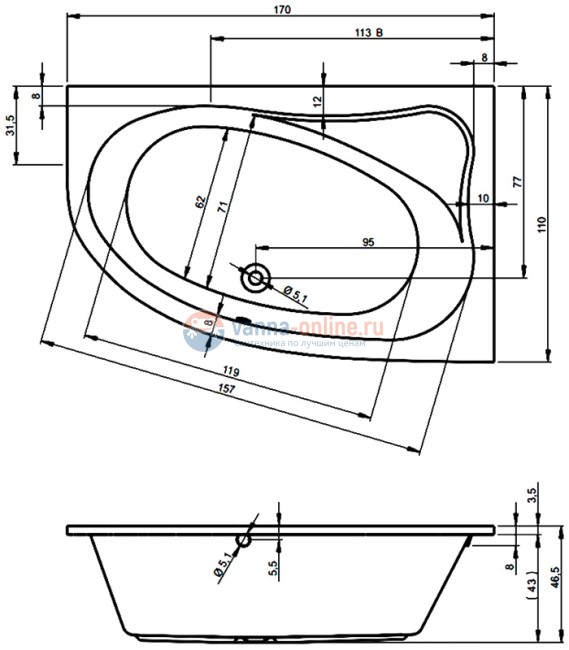 Ванна акриловая Riho Lyra 170 x 110 см, левая/правая