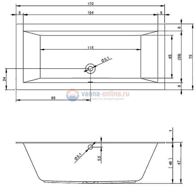 Ванна акриловая Riho Lugo Velvet 170x75 см, с тонким бортиком, цвет белый матовый