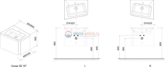 Тумба под раковину Ravak 10° SD 550 угловая, белая, левая/правая