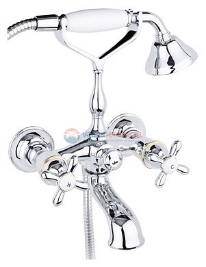 Смеситель для ванны и душа Timo Ritz 0144Y chome/gold cross с душевым гарнитуром Смеситель для ванны и душа Timo Ritz 0144Y chome/gold cross с душевым гарнитуром