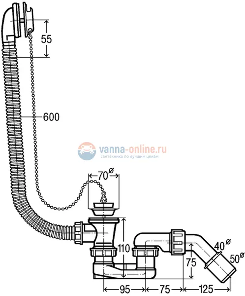Слив-перелив Viega Simplex мод. 6387.35, 311537, с цепочкой, стандартный Слив-перелив Viega Simplex мод. 6387.35, 311537, с цепочкой, стандартный