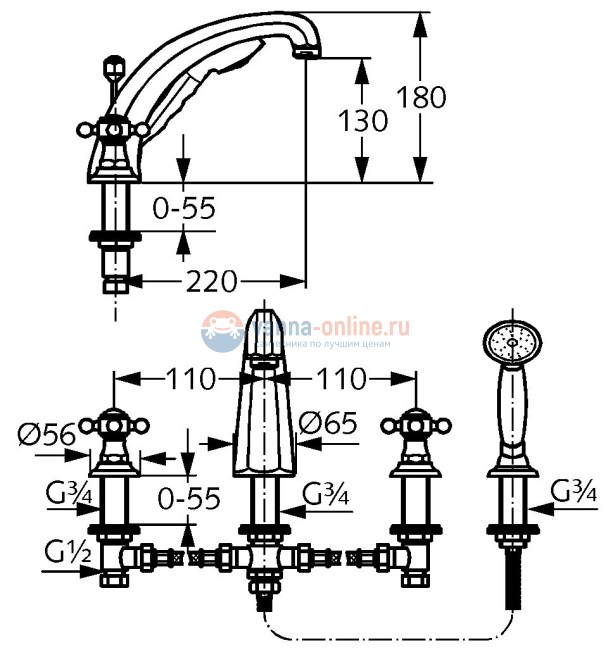 Смеситель Kludi Adlon 5152405G5 для ванны и душа, на 4 отверстия, ручки хрусталь, цвет хром