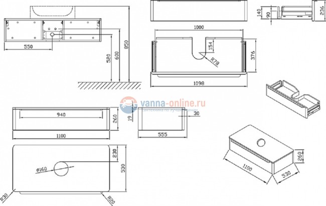 Тумба под раковину Ravak SUD 260.01 1100, X000001082, 110 см со столешницей, белая