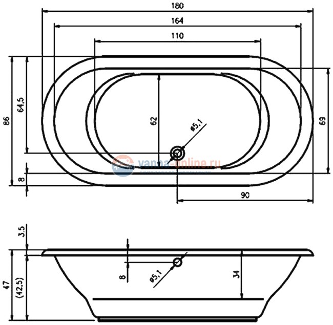 Акриловая ванна Riho Seth 180x86 см