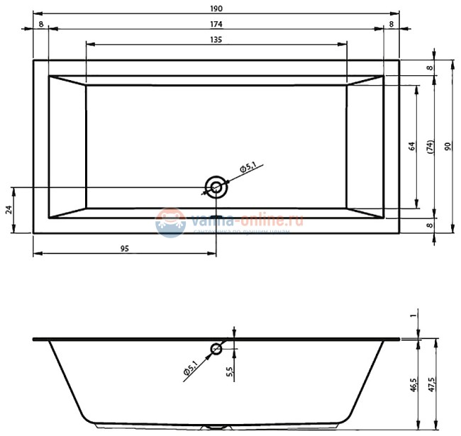 Ванна акриловая Riho Lugo Velvet 190 x 90 см, с тонким бортиком, цвет белый матовый
