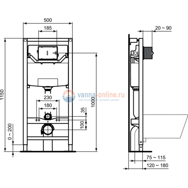 Пневматический промо-набор 4 в 1 Ideal Standard с унитазом T355101 TESI Rimless, с сиденьем и крышкой T352701, с инсталляцией PROSYS 120 P и пневматической панелью смыва OLEAS™ P1