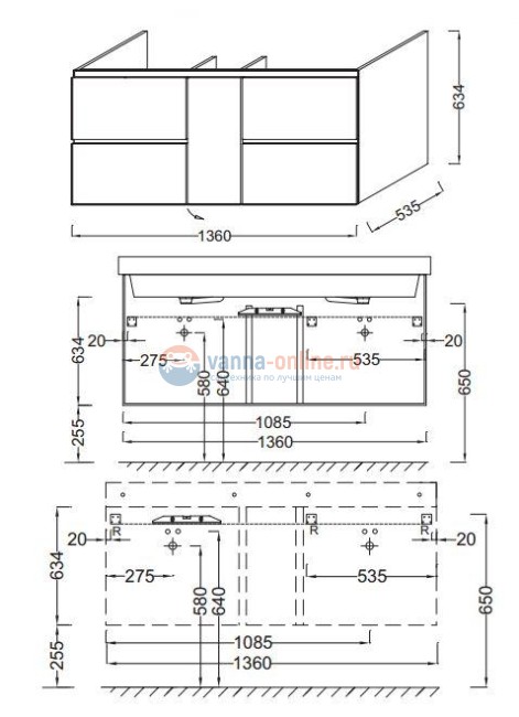 Тумба под раковину Jacob Delafon Soprano 140 EB1332-N18, цвет - белый глянец, 136*53,5 см
