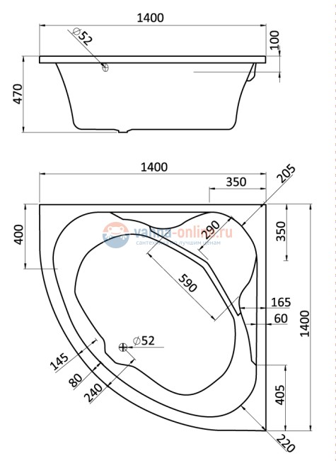 Ванна акриловая Santek Карибы WH111982 140 х 140 см с монтажным комплектом 1WH112430