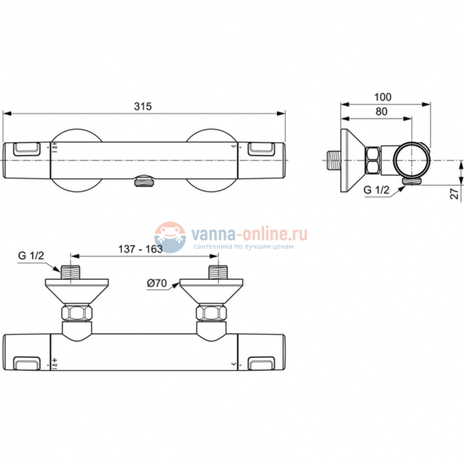 Настенный термостатический смеситель для душа Ideal Stndard Ceratherm T25 A7201XG