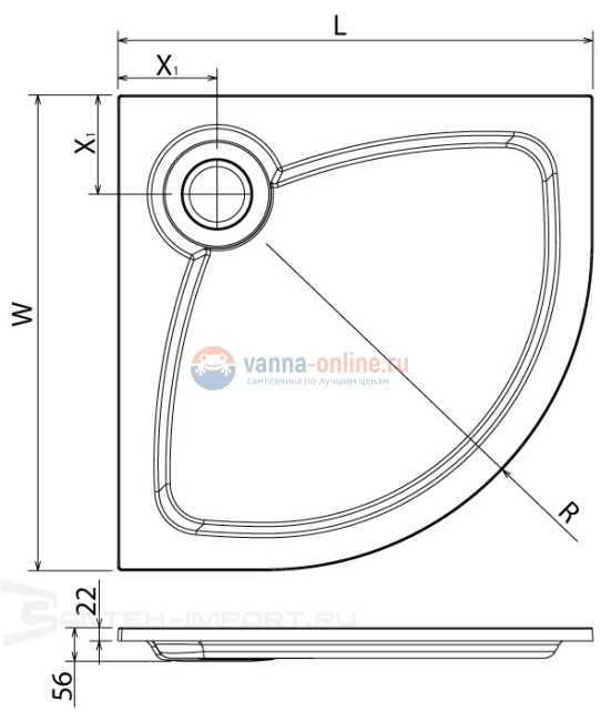 Поддон душевой Cezares Tray TRAY-S-R-100-550-56-NR, 100 х 100 см, черный, из искусственного камня