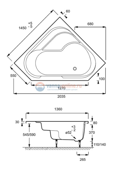 Акриловая ванна угловая Jacob Delafon Bain Douche 145 х 145 см, E6222RU-00/E6221RU-00