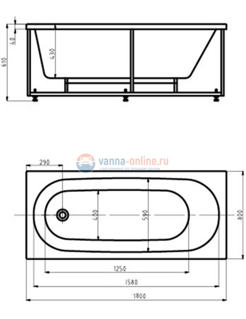 Ванна акриловая Акватек Оберон 180 х 80 см