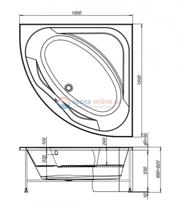 Ванна акриловая Aquanet Vista 150 x 150 см 254389, с каркасом, белая