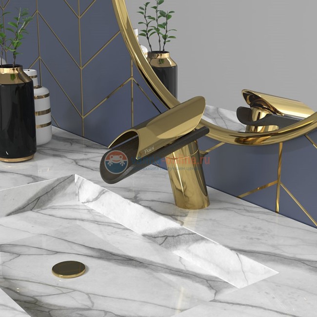 Смеситель для раковины Paini Morgana с донным клапаном, золото, излив темное дерево Смеситель для раковины Paini Morgana с донным клапаном, золото, излив темное дерево