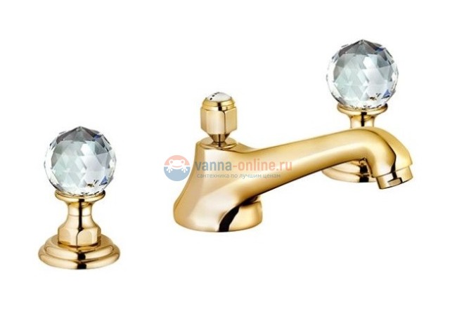 Смеситель Kludi Adlon 5104645G4 для раковины DN 15, на 3 отверстия, низкий излив, ручки хрусталь, цвет золото 23 карата Смеситель Kludi Adlon 5104645G4 для раковины DN 15, на 3 отверстия, низкий излив, ручки хрусталь, цвет золото 23 карата
