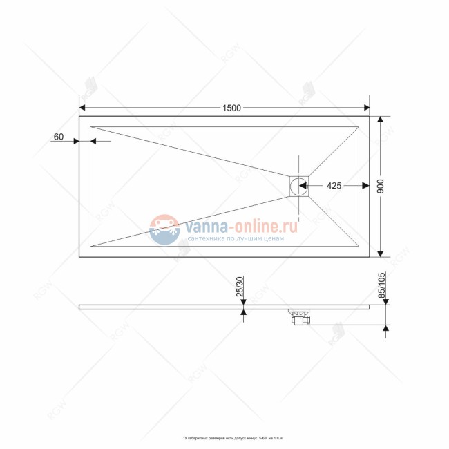 Душевой поддон RGW ST-0159W 16152915-01 90 x 150 см, прямоугольный, цвет белый, из искусственного камня