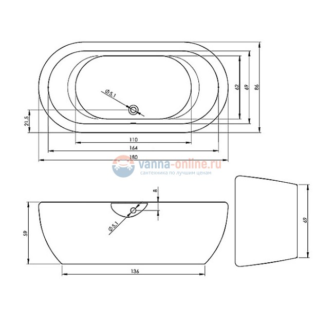 Ванна акриловая Riho Dua 180 x 86 см BD0100500000000, без гидромассажа, белая, с белой глянцевой панелью